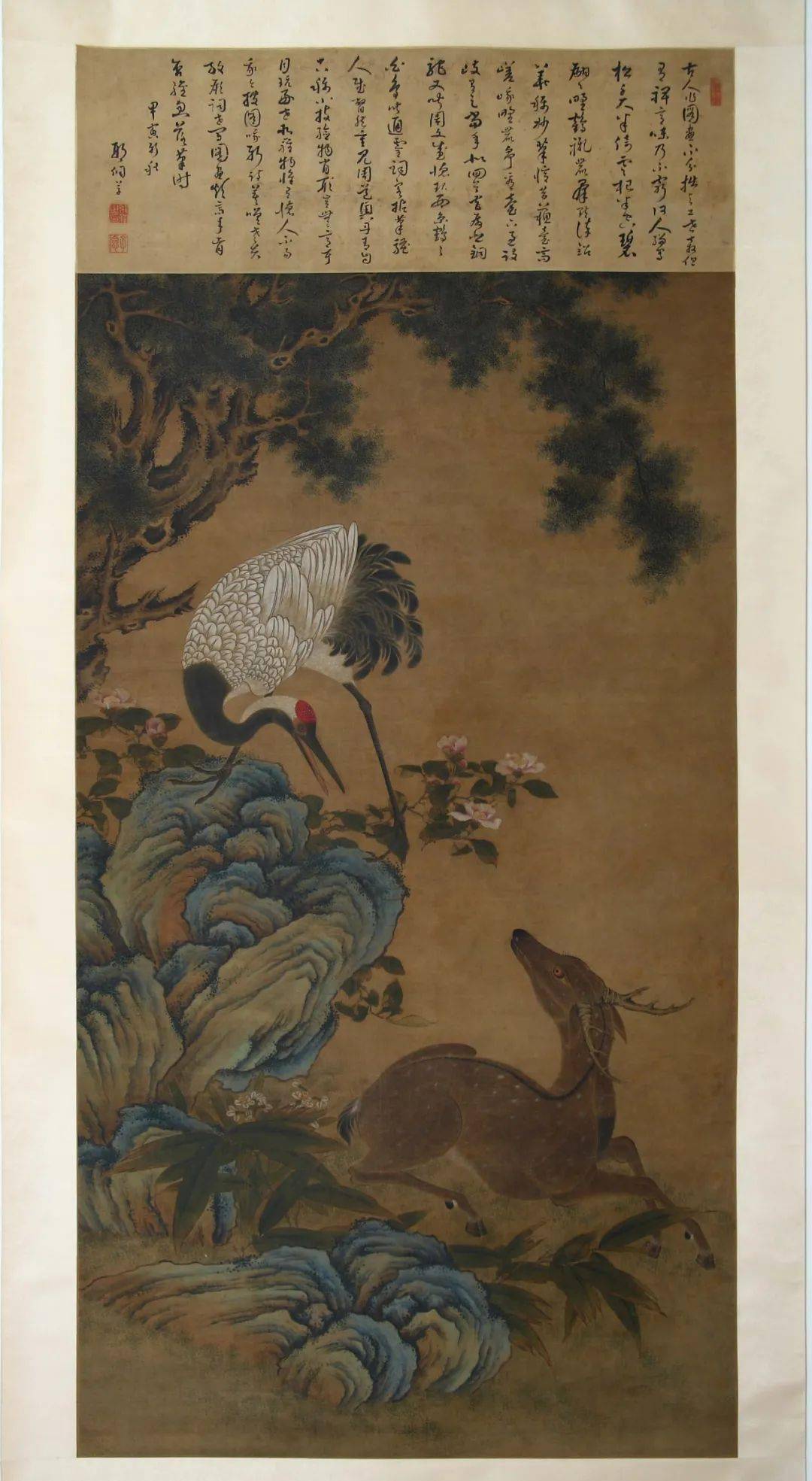 画芯:纵176cm,横96cm"鹿鹤同春"是我国传统吉祥图案之一.