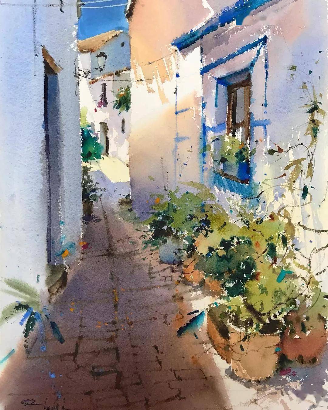 西班牙水彩画家blanca alvarez的向往之地—白色的房子蓝色的海_色彩