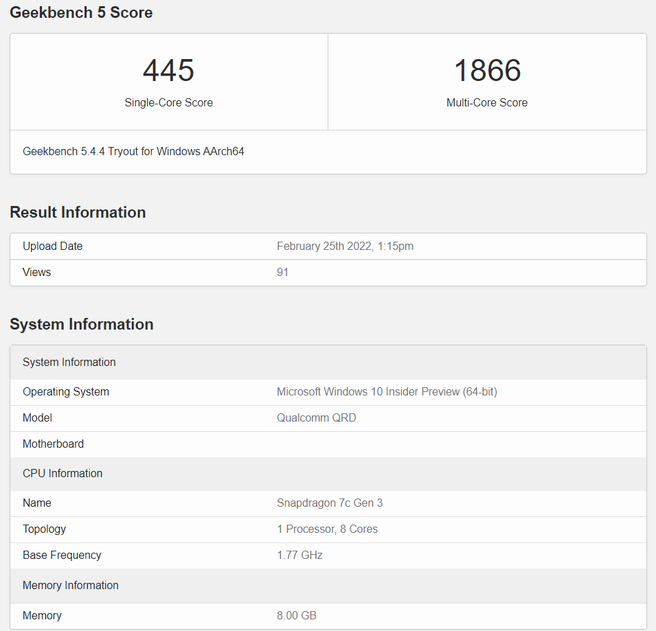 高通骁龙 7c+ Gen 3 GeekBench 跑分曝光：单核 445，多核 1866
