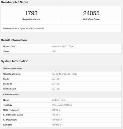 单核|苹果 M1 Ultra 跑分现身 Geekbench，优于 28 核英特尔 Mac Pro