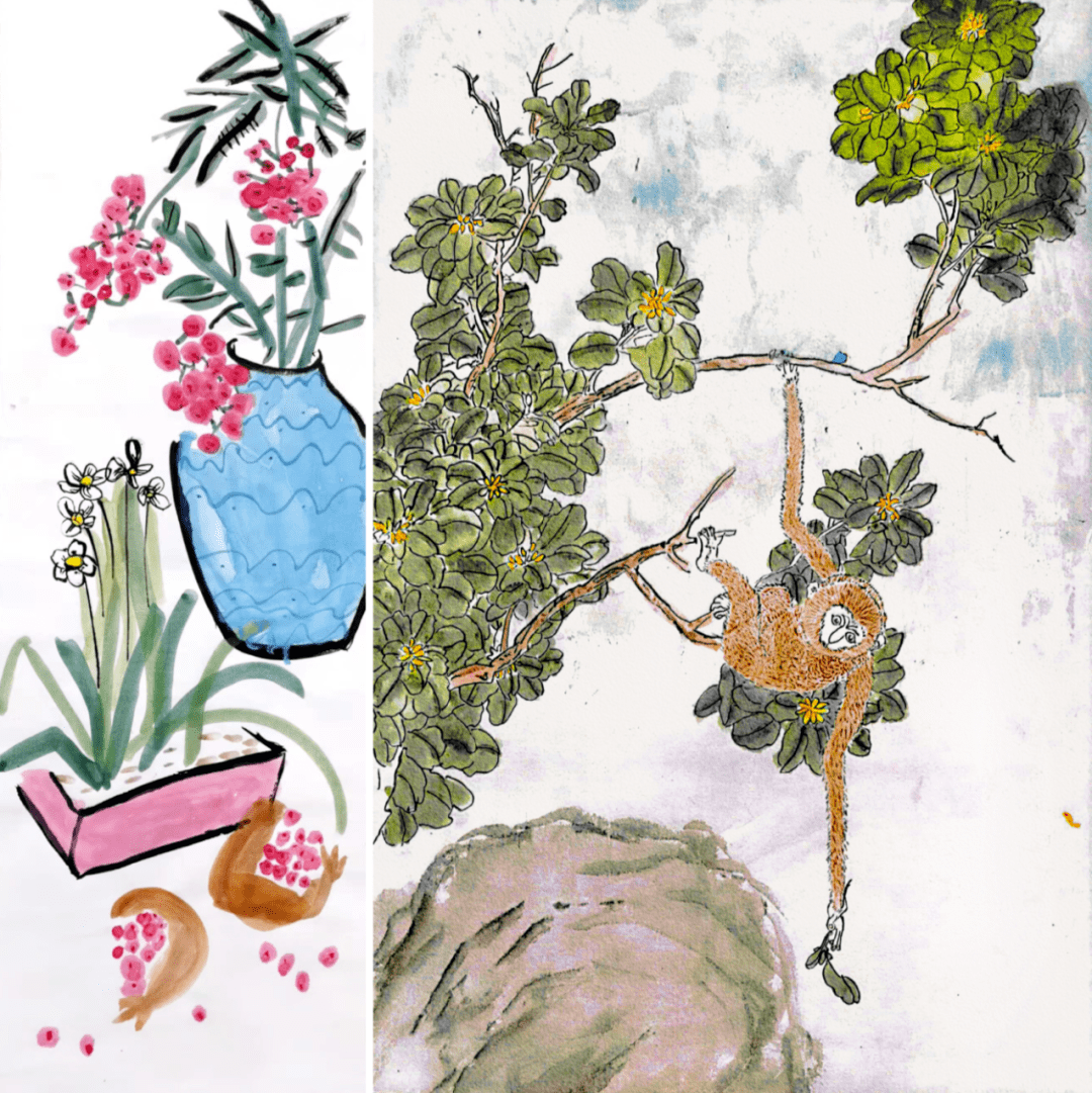 (右)丁妍熙 9岁《双鱼》(左)胡雨彤 9岁《绣球花》(右)李宛鑫 7岁《猫