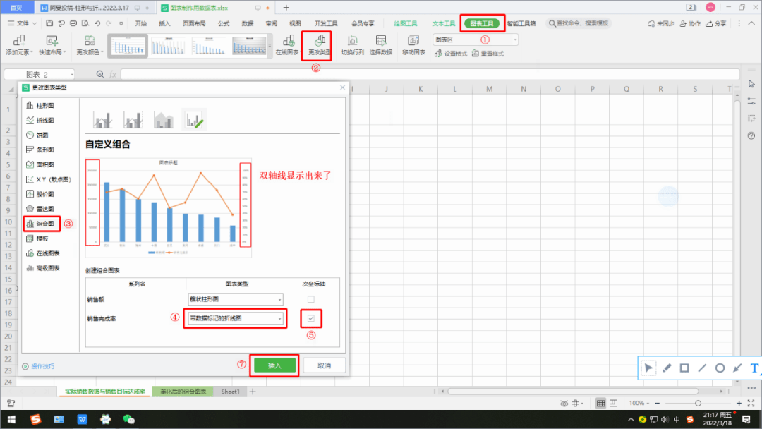 wps表格中如何制作双轴线组合图表看完你就能学会