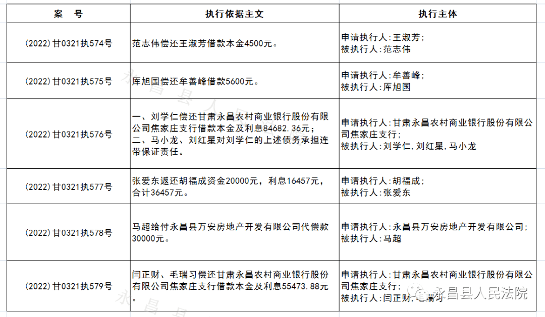 永昌县人民法院执行庭3月1日-3月15日新收案被执行人名单_财产_申报表