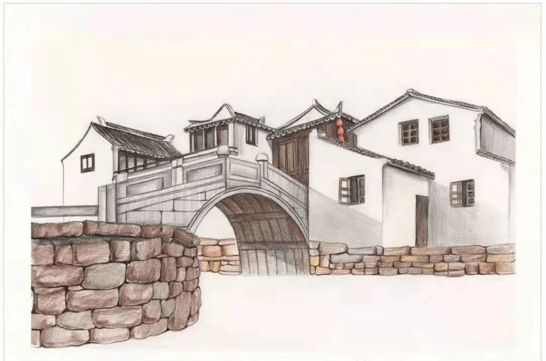 江南水乡房屋手绘图片图片