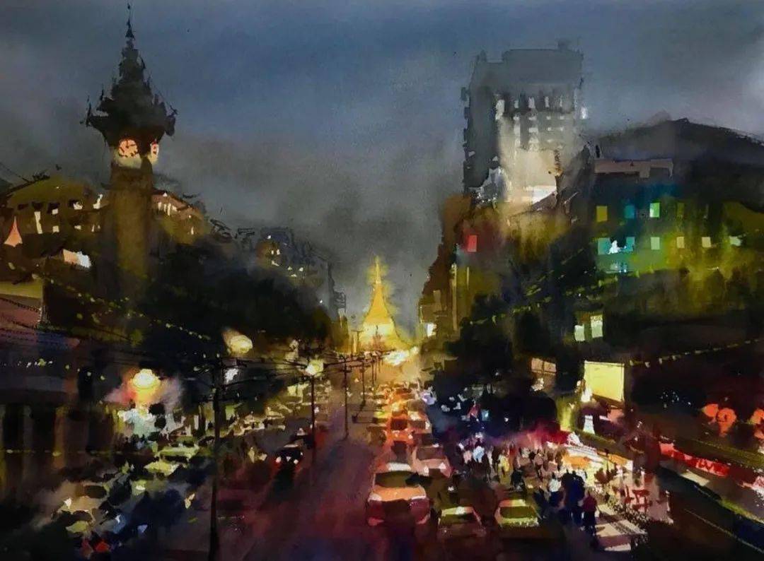 缅甸水彩画家mintnaing这夜景让人挪不开眼