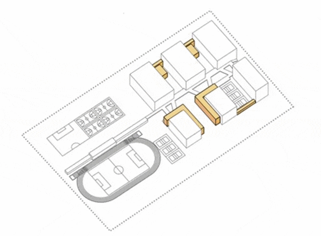 设计采用集约,复合的布局模式,整体布置清晰高效.校园主入口位于东侧.