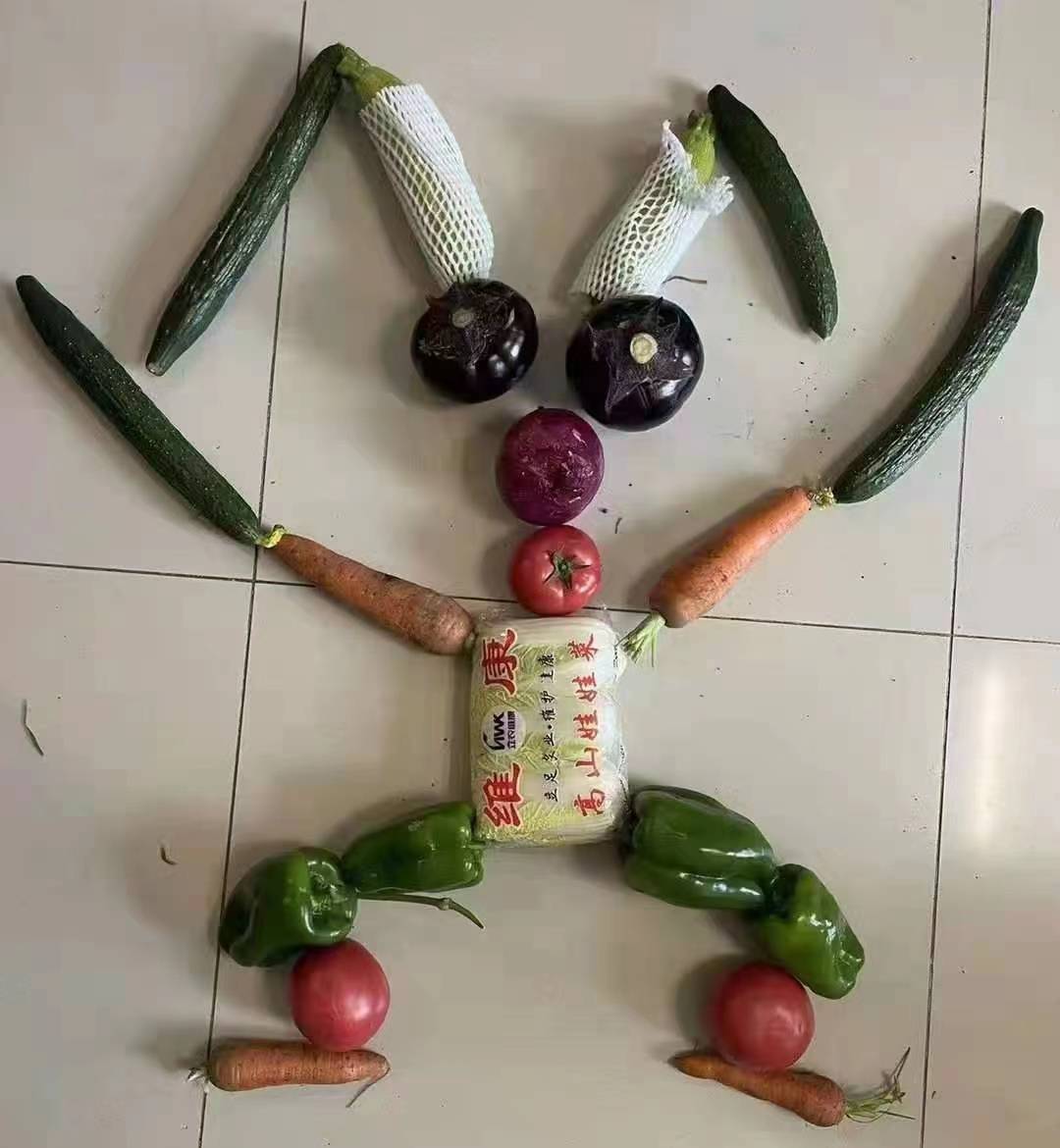 以蔬菜为素材开始进行即兴创作,摆出呆萌的小动物,q趣十足的人物造型