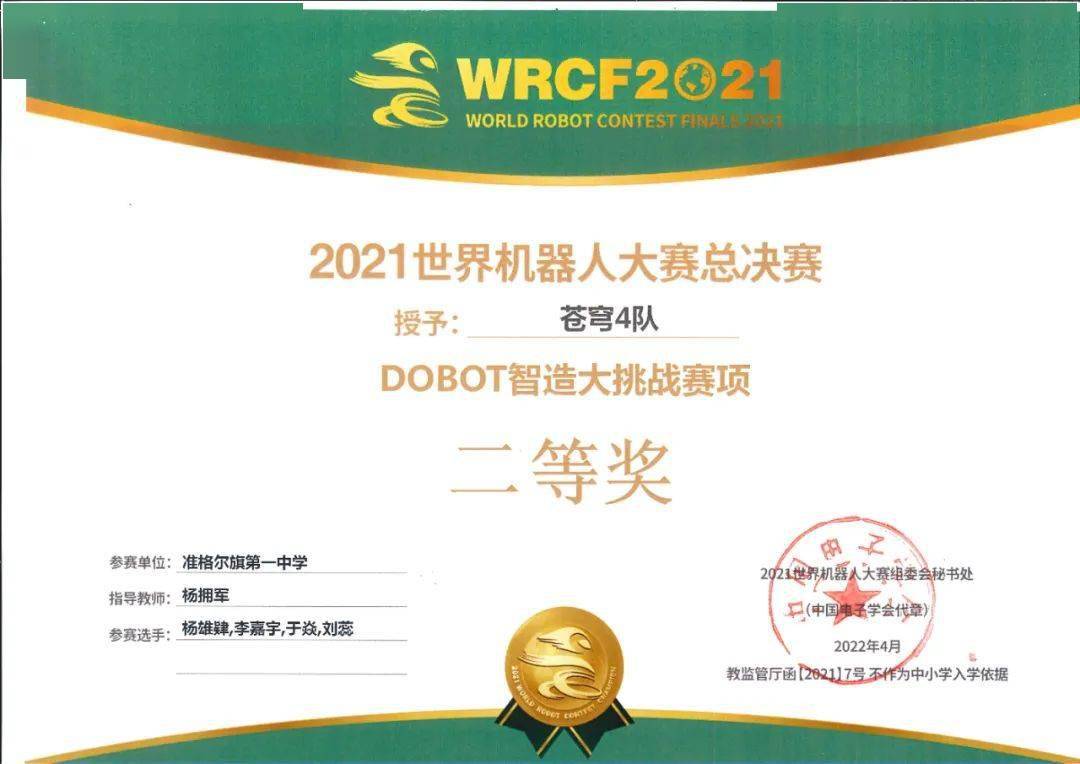 获奖证书世界机器人大赛由选拔赛(wrct,总决赛(wrcf,锦标赛(wrcc)