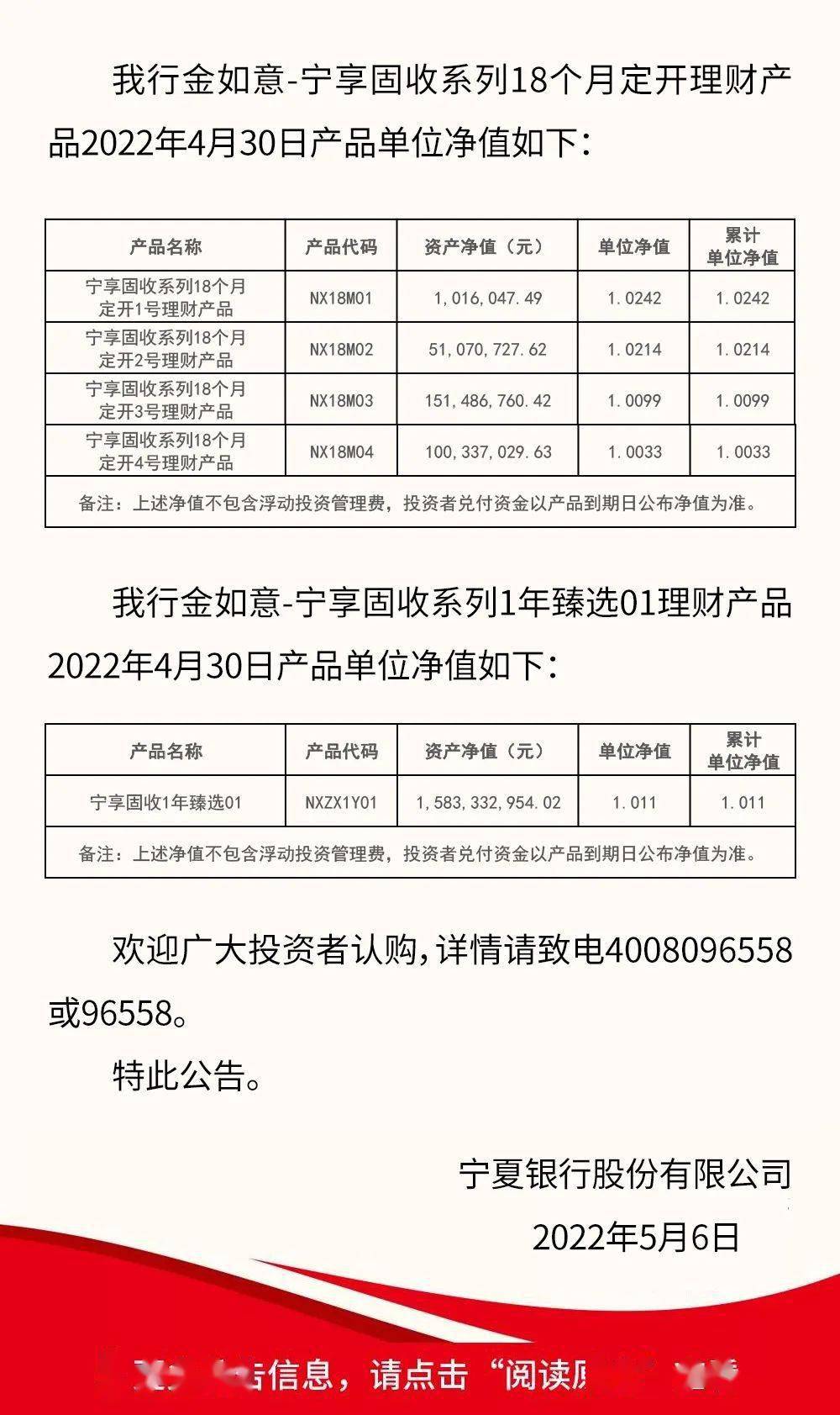 宁夏银行2022年4月理财产品单位净值公告
