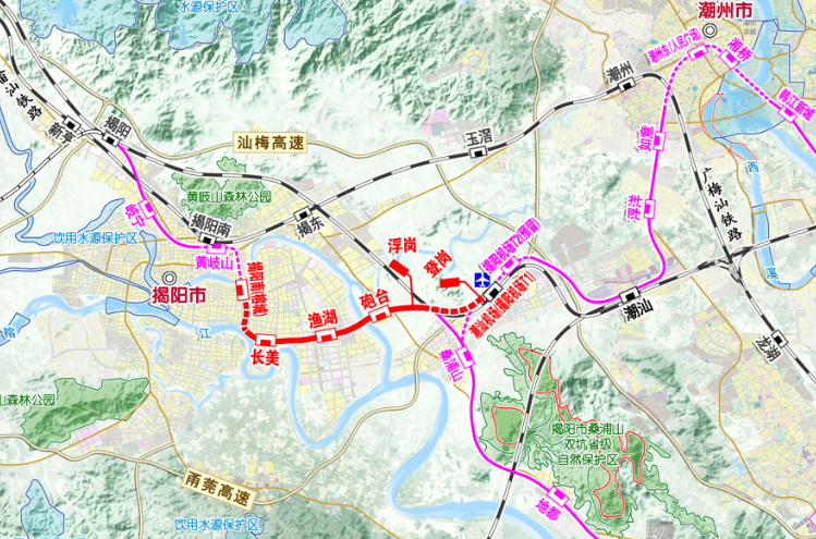 经206国道,望江北路,揭阳大道,引入揭阳南站,新建正线全长15