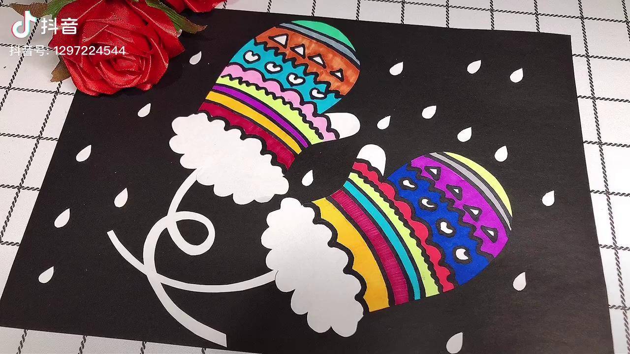 冬天里暖暖的彩笔剪纸手套贴画