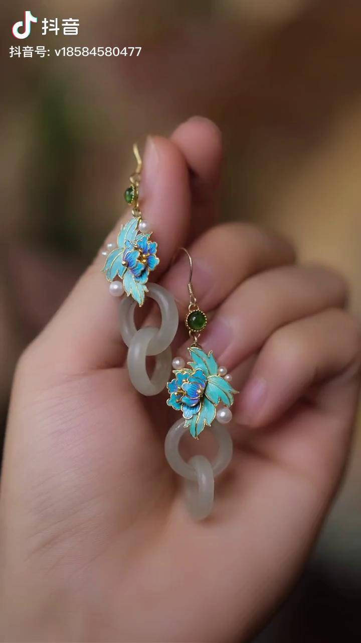 富贵荣华环环相扣牡丹点翠双环耳环中式珠宝殊宫点翠耳环