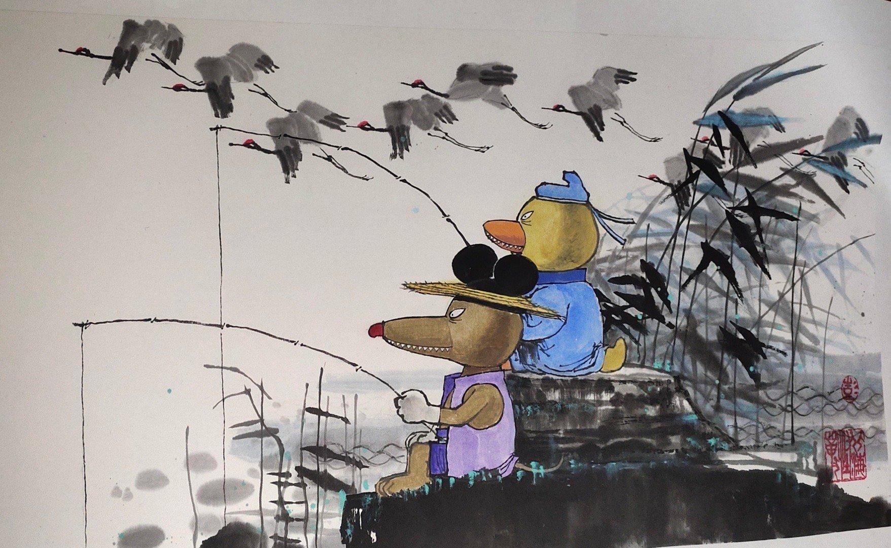 新裤子乐队主唱彭磊晒漫画家父亲彭国良画作北海怪兽咪咪嘎嘎闯入水墨