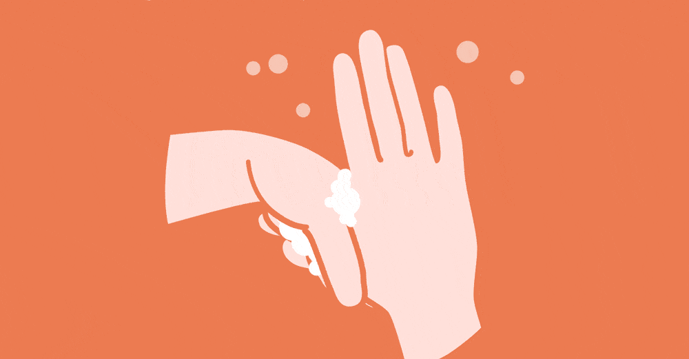 双手交替进行;第四步掌心相对,双手交叉指缝相互揉搓;第三步手心手背