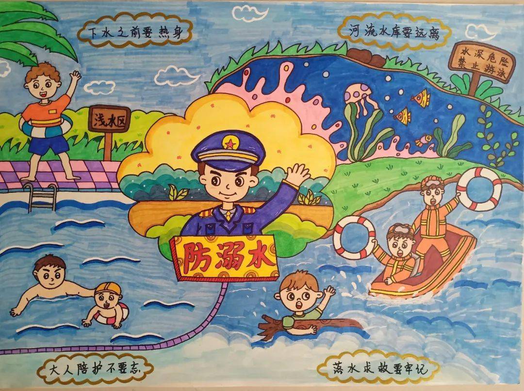 防溺水儿童画获奖作品图片