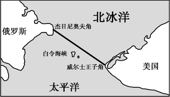白令海峡界线:亚洲大陆最东端杰日尼奥夫角(66°4′45〃n,169°39′7