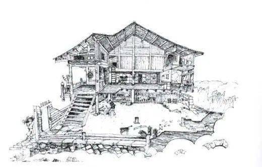 瑶族建筑素描图片