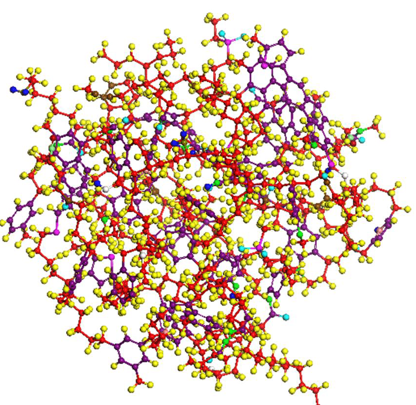 结构三维分子模型(分子动力学模拟结果,其中:深紫为不饱和 c;黄色为h