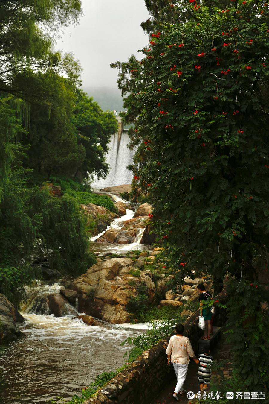 壹图集雨后泰安虎山水库大坝瀑布气势如虹引众多游客打卡