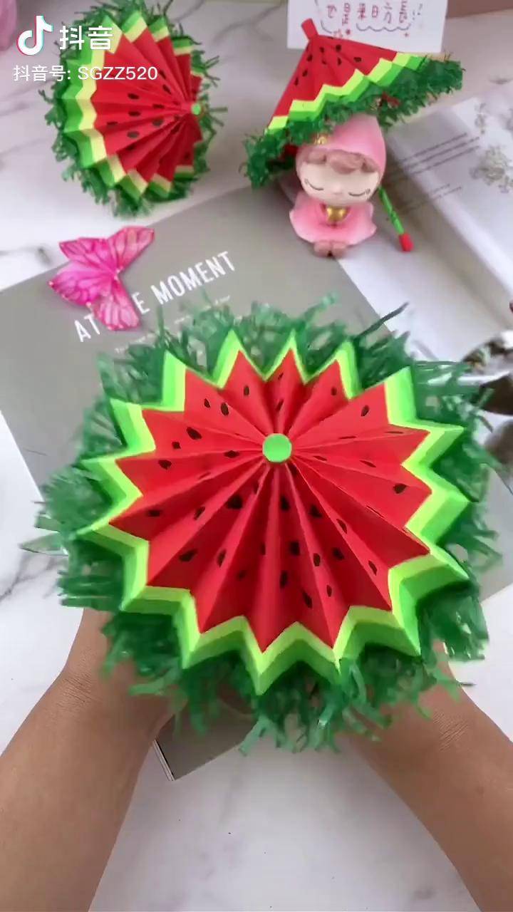 炎炎夏日,做一把西瓜伞,清凉一夏手工diy 折纸伞_diy_西瓜_手工