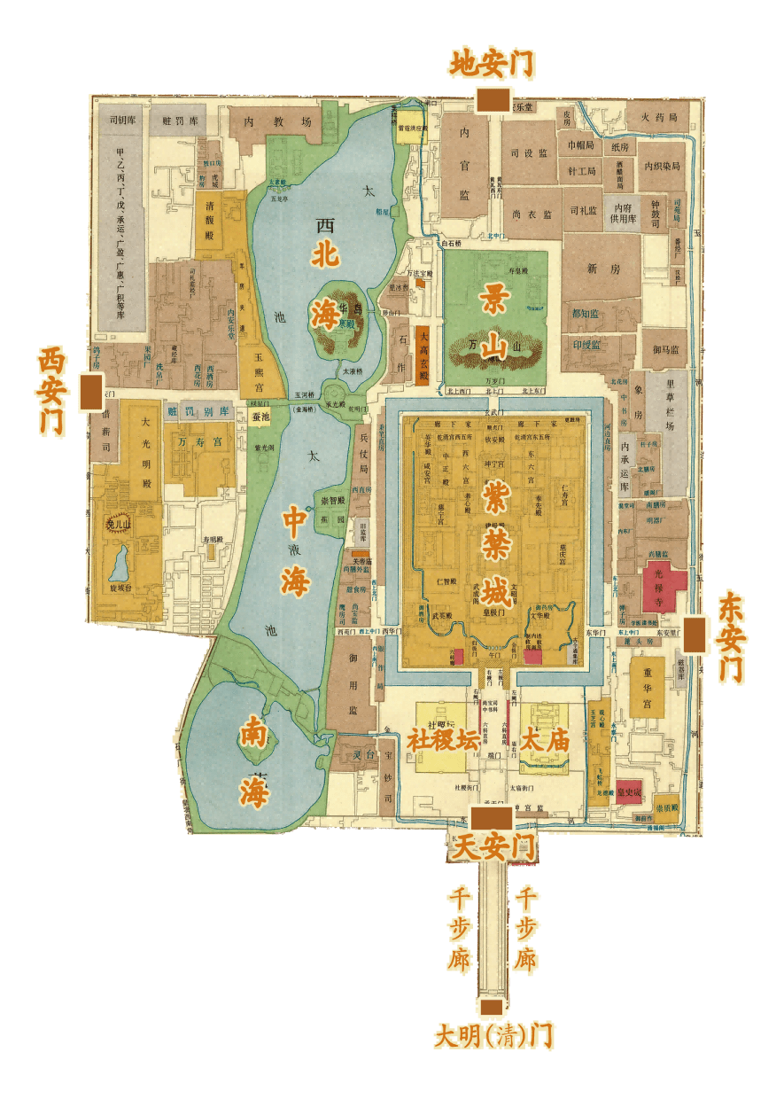 平面布局整座皇城内部是以紫禁城为中心,北边是景山,南边是左祖右社