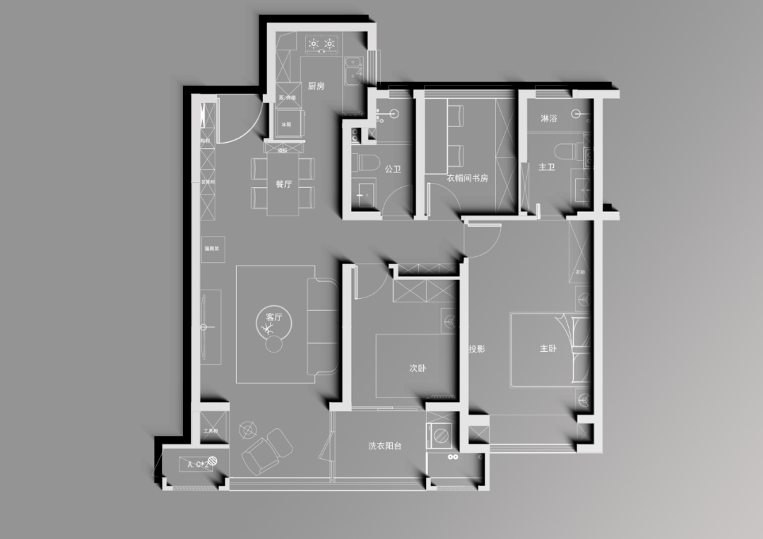 过道与次卧增加双面柜增加储藏空间4.