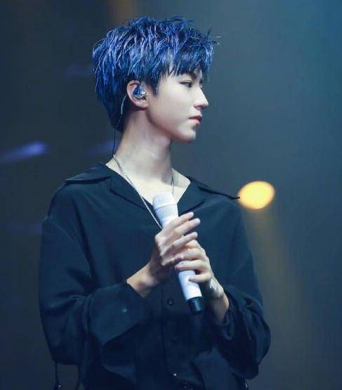 王俊凯在五周年的演唱会上也染了蓝发,他的蓝发是偏深蓝色的