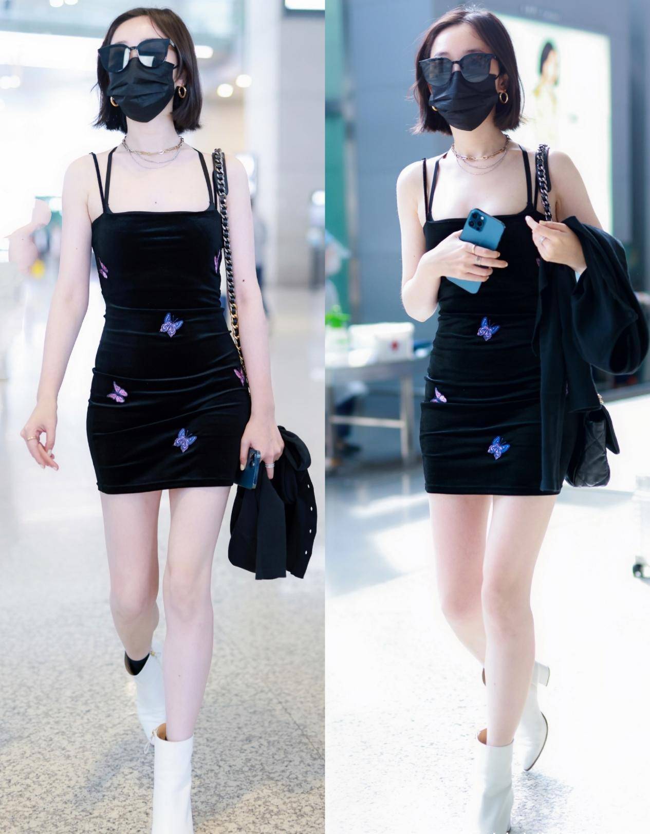 "林黛玉"蒋梦婕穿衣真大胆,穿低领吊带黑裙走机场,肤白还腿长_时尚