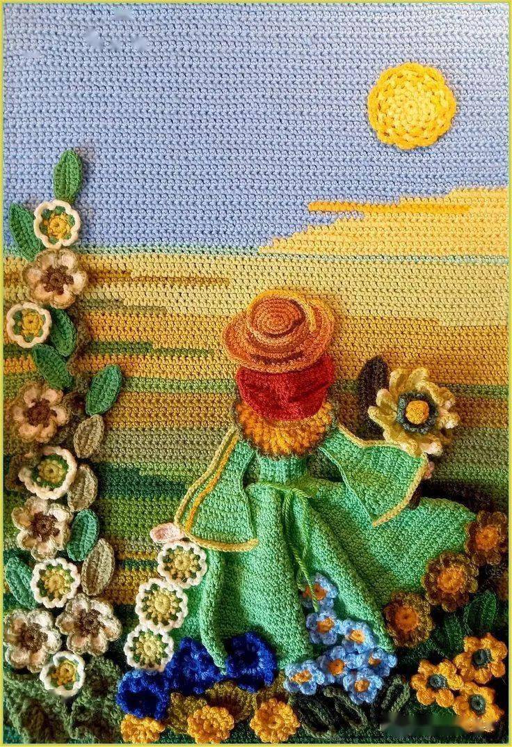 她把钩针当成了画刷,钩出的立体画瞬间让人惊叹!_底布_画面_唯美