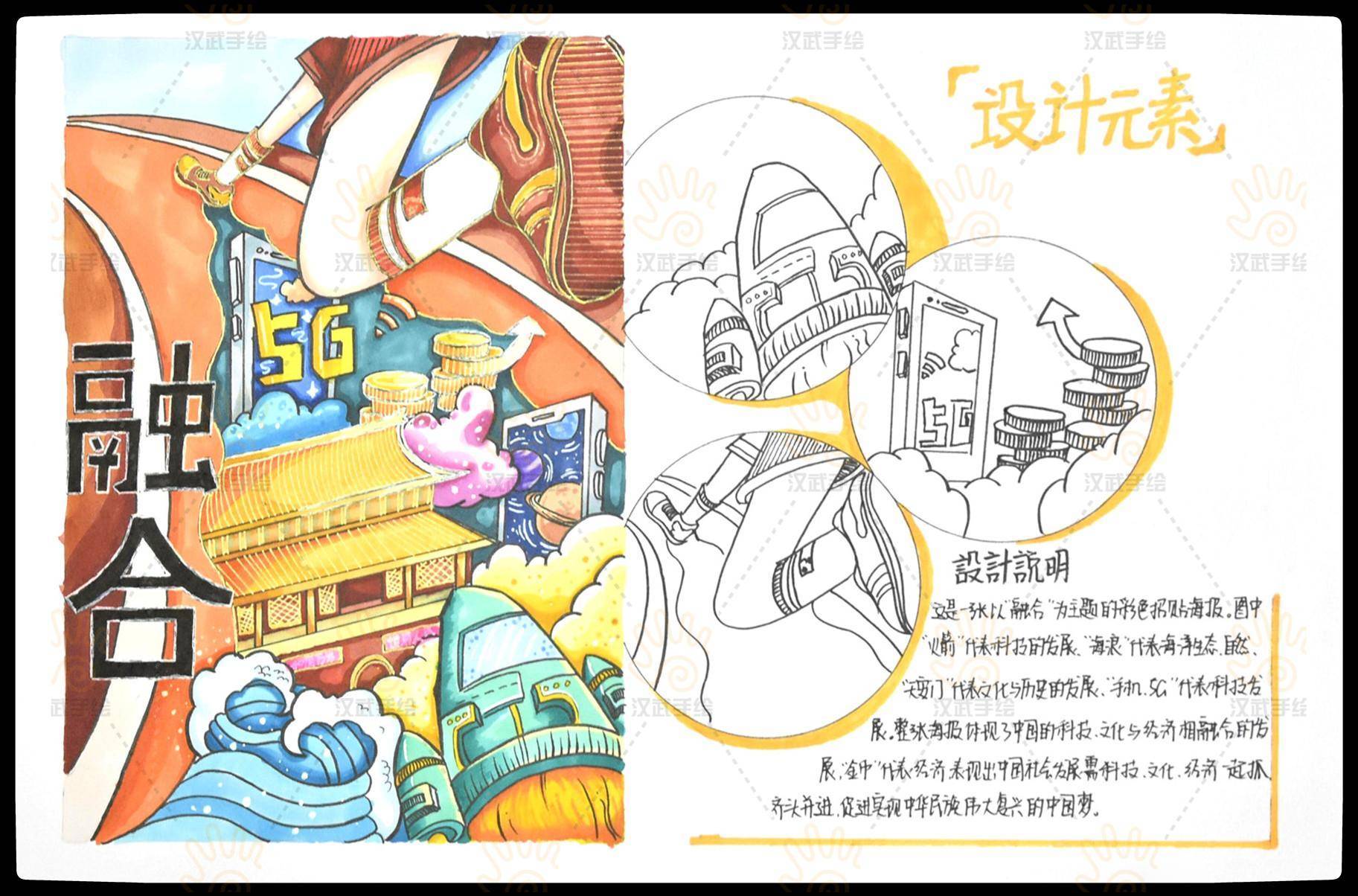 快题上色完整稿:这是一张以"融合"为主题的彩色招贴海报,图中"火箭"