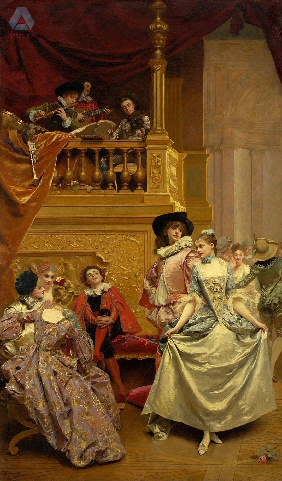 同样是描绘宫廷中的小步舞曲,罗西耶的这幅显得更为华丽,所有人盛装