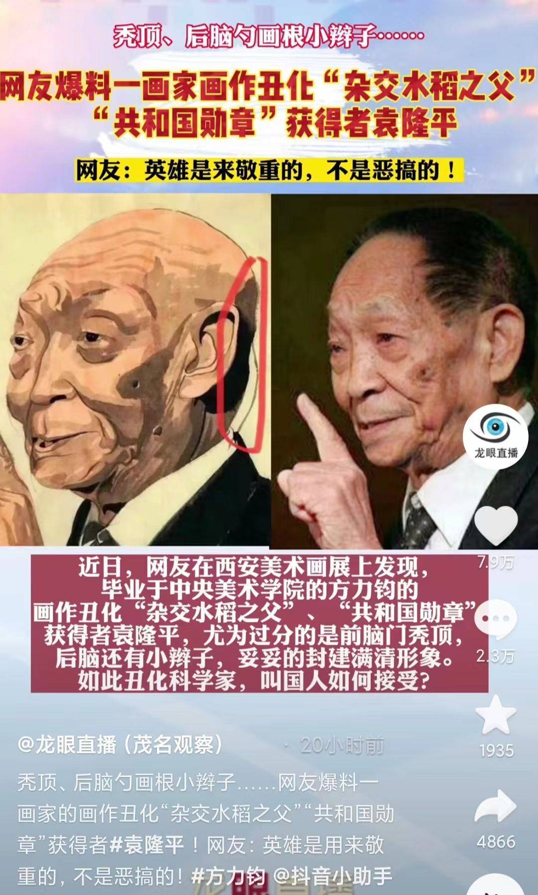 画家方力钧丑化袁隆平画像惹争议,网友怒骂其污化英雄_袁老_头发_照片