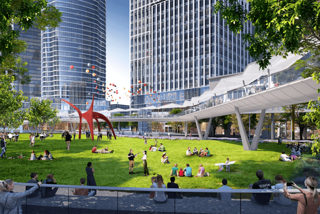 空中连廊以创造"游走于建筑丛林与城市森林间的艺术飘带"为设计理念