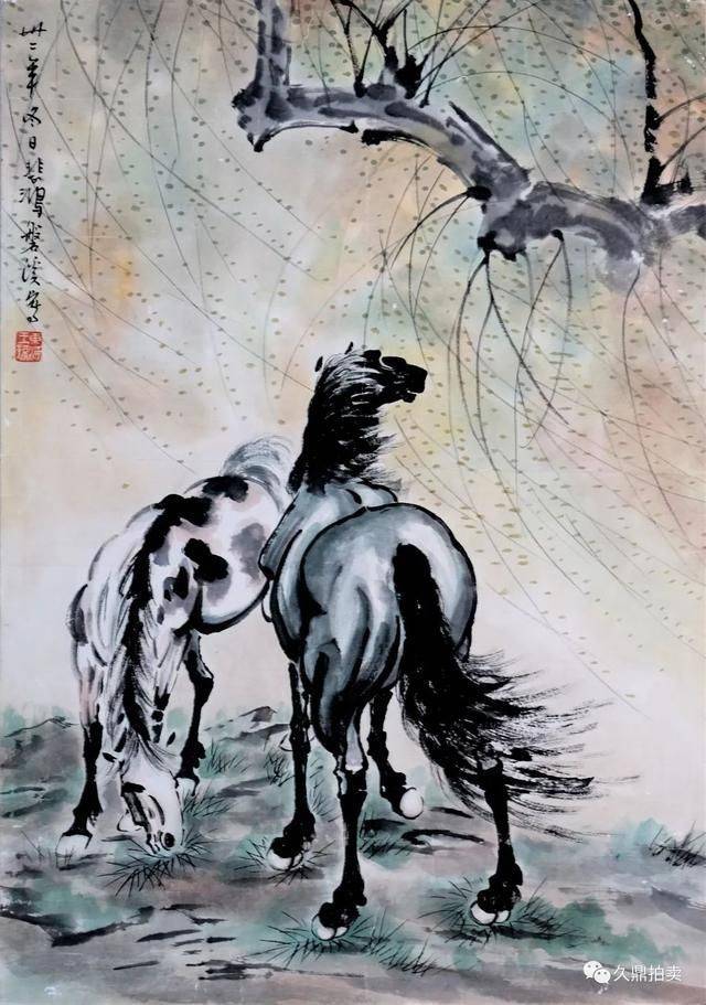 1943年款识:卅二年冬日悲鸿磐溪写钤印:东海王孙在这幅画中,徐悲鸿以