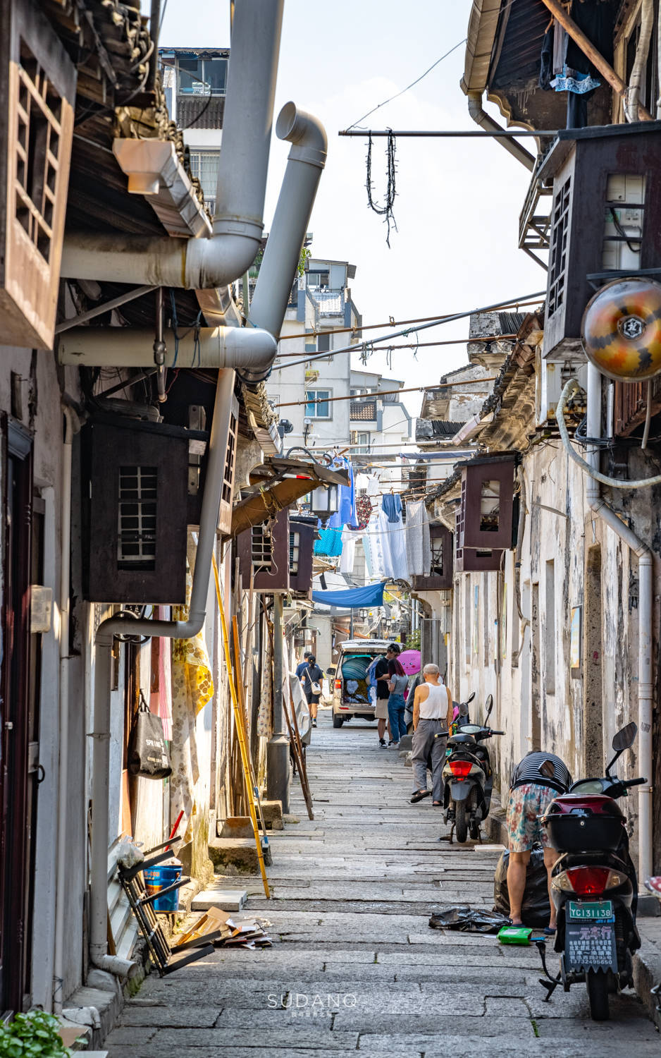巷子上空悬晒着衣裳,远远望去,清水般的素净;墙头的凌霄花开得正盛