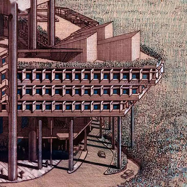 再放大:当我们把这张画局部放大:保罗 · 鲁道夫手绘建筑效果图那些