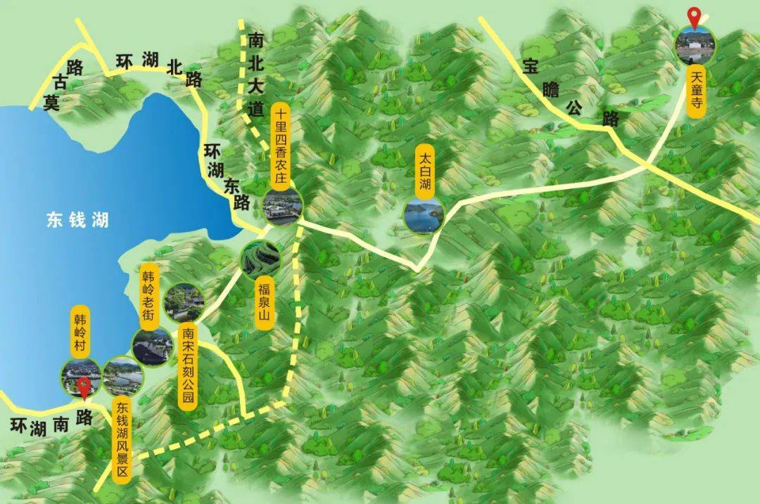 东钱湖韩岭村—东钱湖旅游风景区—韩岭老街—南宋石刻公园—福泉山