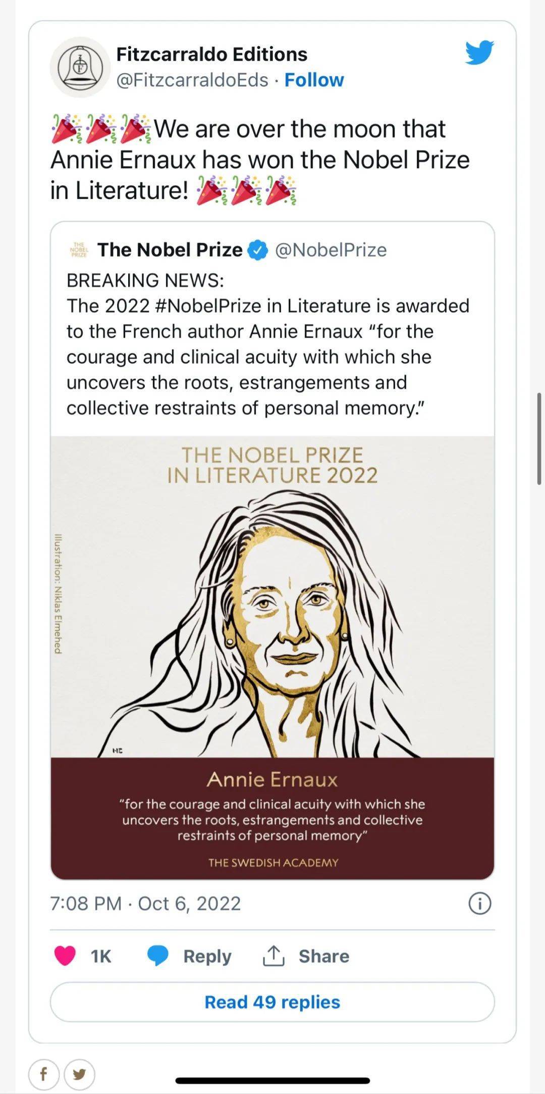 诺贝尔文学奖获得者安妮·埃尔诺：她赋予“无人称自传”以魅力