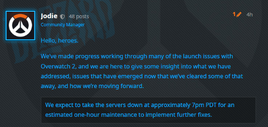 《OW2》服务器再次被关闭：今日上午10点维护1小时