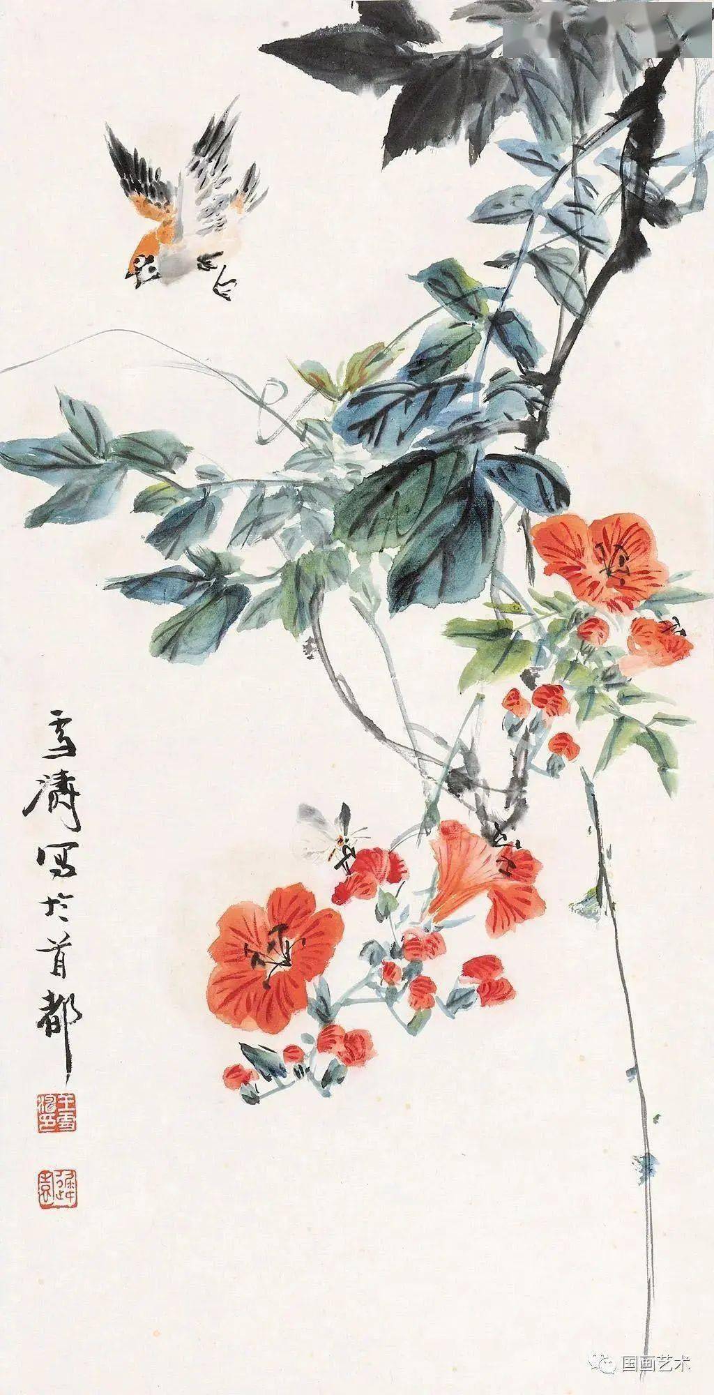 王雪涛笔下的凌霄,清新灵妙_八哥_花鸟画_写意