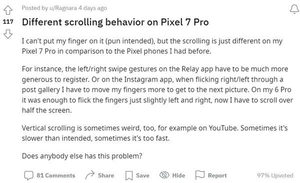 谷歌Pixel 7 Pro问题频发：屏幕滑动不畅不灵敏