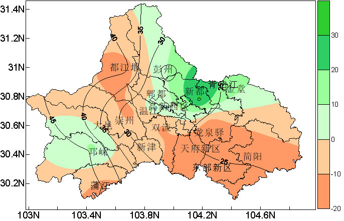 2022～2023年冬季成都市降水距平分佈圖季節內冷空氣活動頻繁,氣溫以