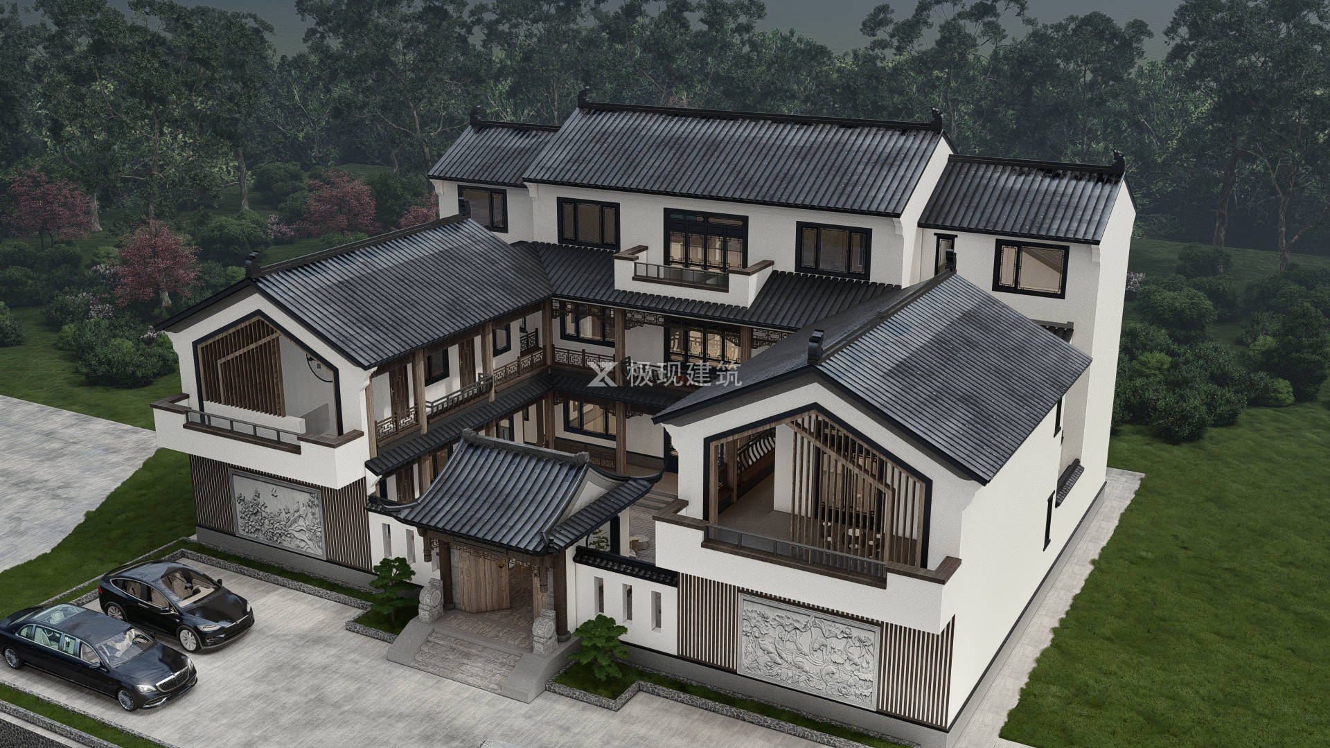 湖南湘西丨三层新中式风格三合院_套房_堂屋_建筑