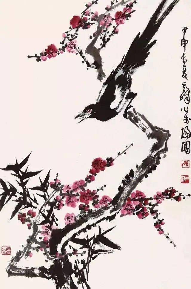 于非闇 《梅雀图》纸本设色近现代 齐白石 陈半丁《喜鹊登梅》》纸本