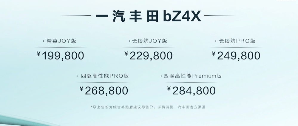 最高纯电续航615km，一汽丰田bZ4X正式上市，售价19.98万元起_搜狐汽车_搜狐网