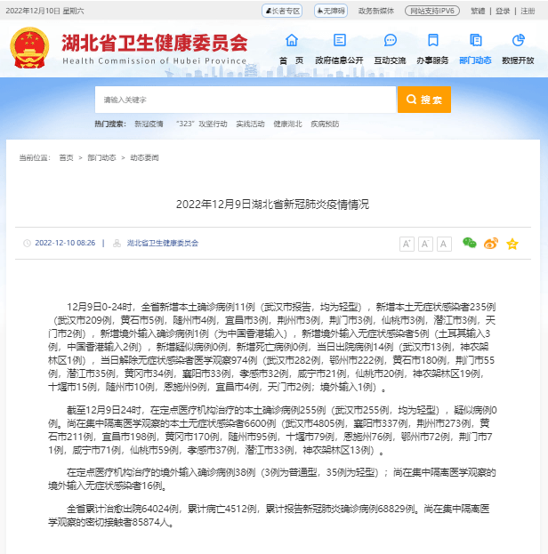 2022年12月9日湖北省新冠肺炎疫情情况