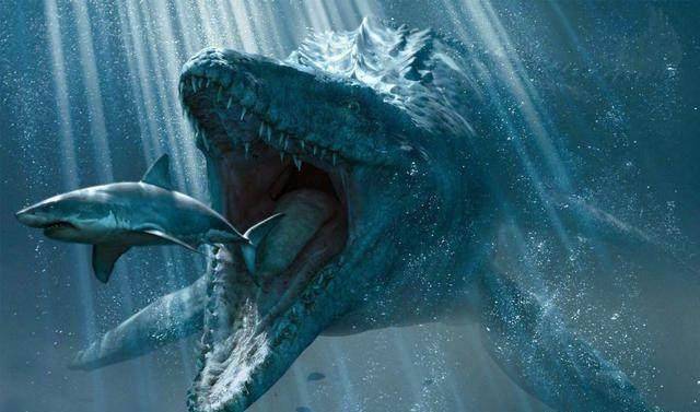 布鲁和沧龙的体型可不止间隔了一个霸王龙的差距,看画面中沧龙追鲨鱼