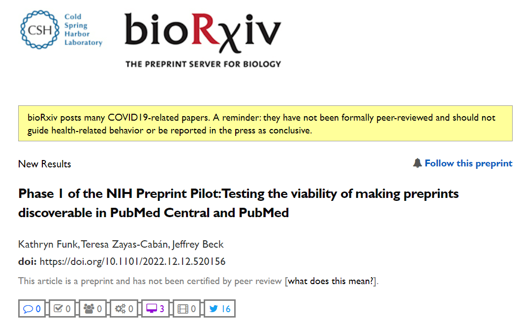 第34期 | 预印本文章《NIH预印本试点的第一阶段：测试在PubMed Central和PubMed中发现预印本的可行性》简介_服务_用户