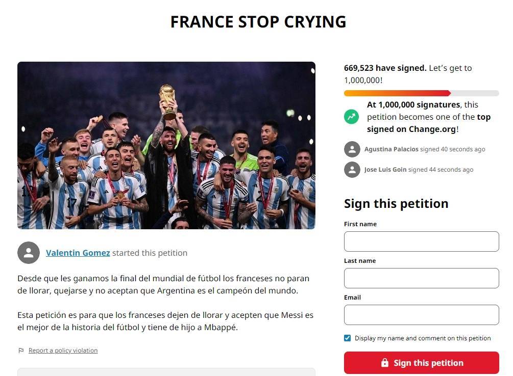 阿根廷球迷的“法国停止哭泣”请愿已超66万人签署