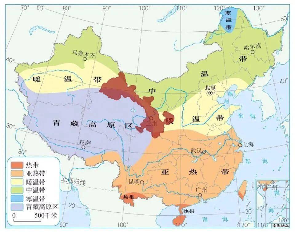 我國溫度帶分佈圖⑤甘肅省處於我國三大自然區的交接過渡地帶(東部